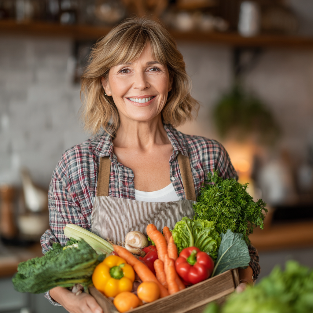 Mosolygó magyar családapa egészséges ételekkel a konyhában, táplálkozási tanácsadás közben